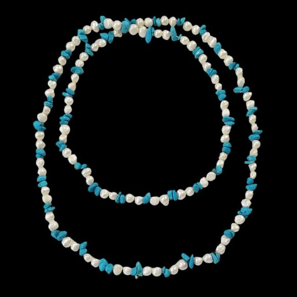 Pearls & Turquoise Rope Necklaces x 2 Freshwater Pearls & Turquoise Chips - Picture 7 of 15